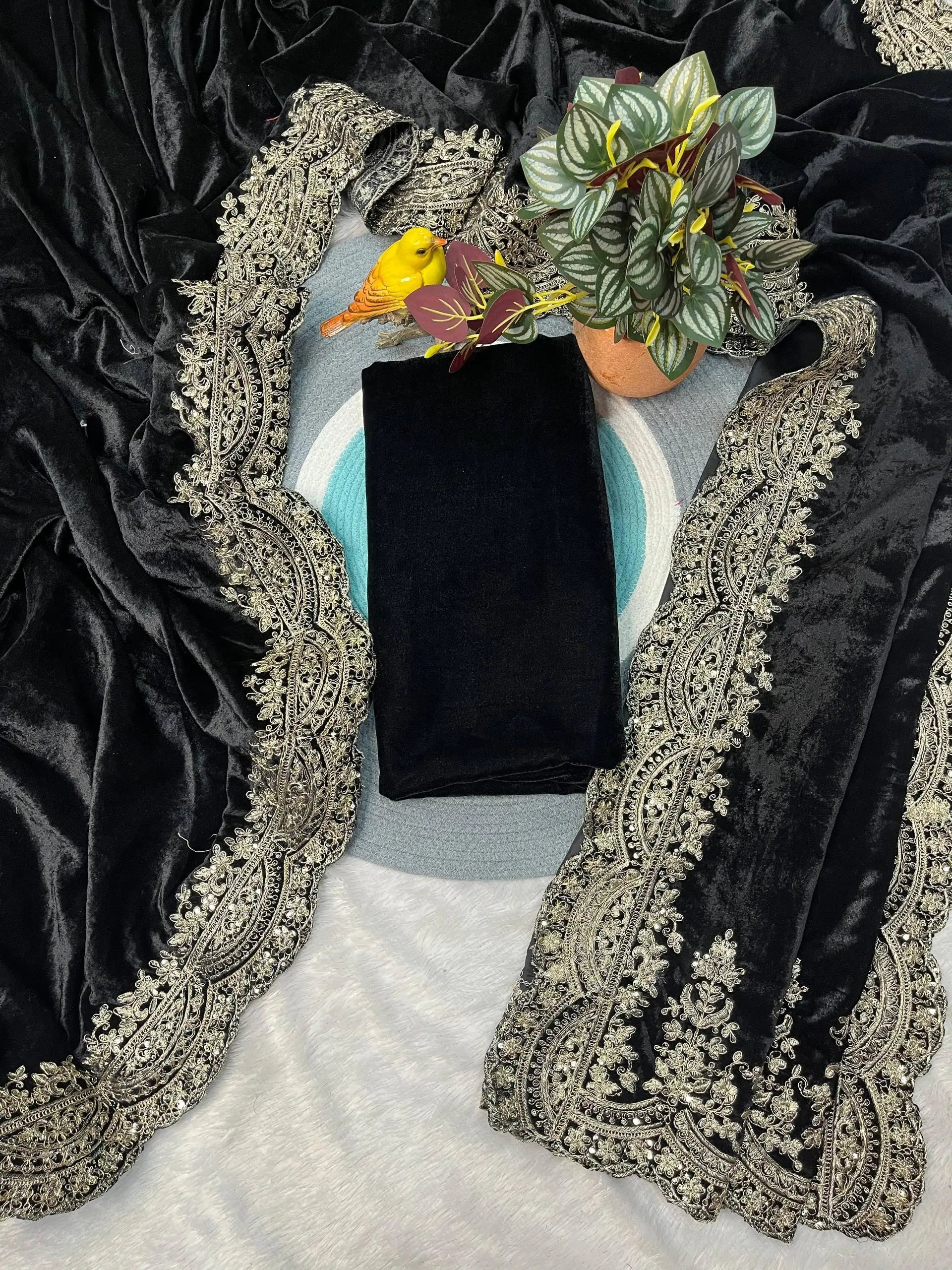 Velvet Embroidered Designer Saree