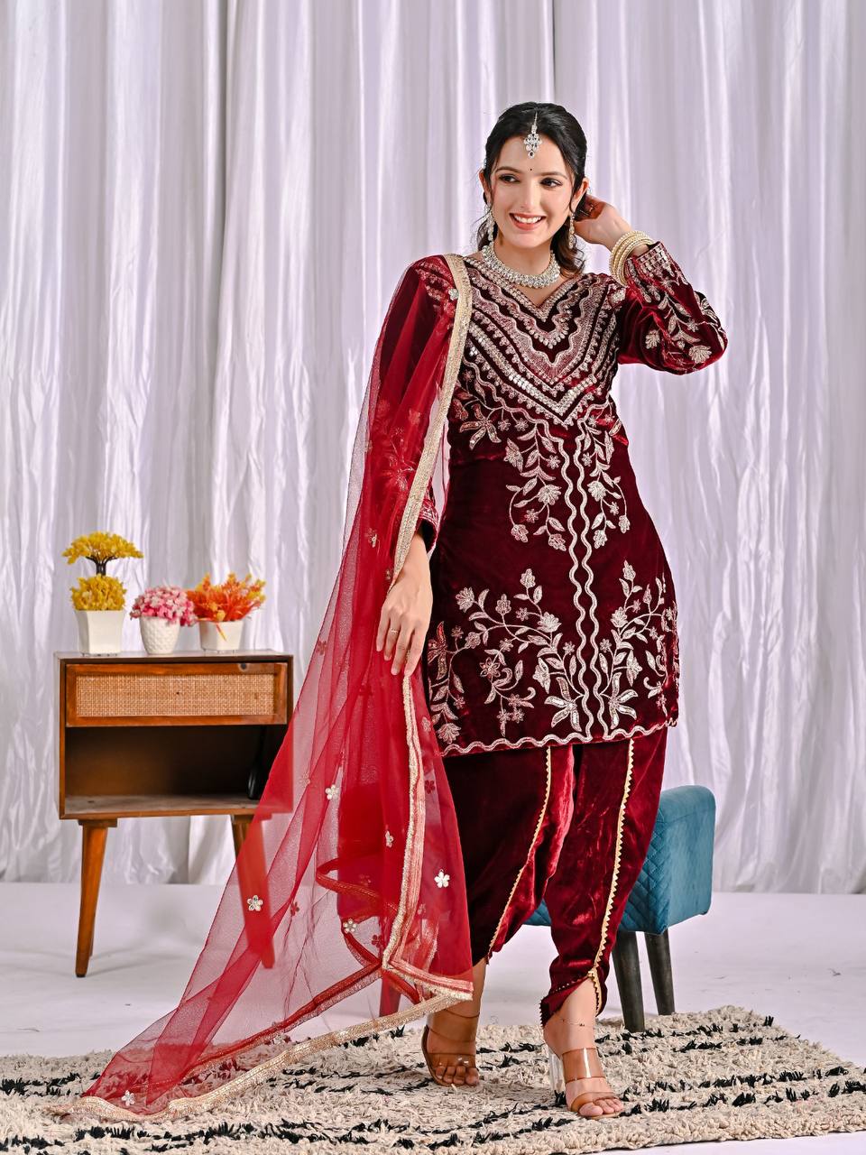 Velvet Embroidered Dhoti Suit Set