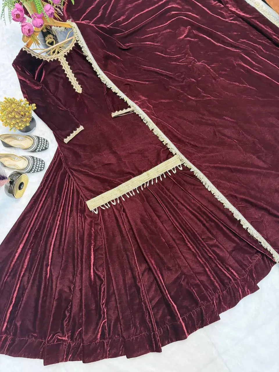 Velvet Embroidered Festive Lehenga Set