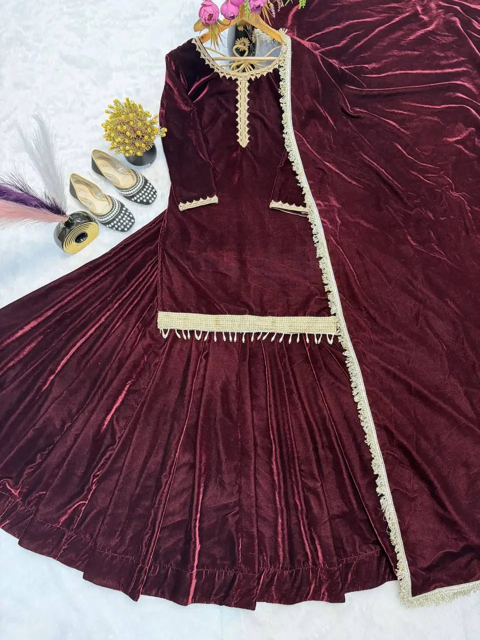 Velvet Embroidered Festive Lehenga Set