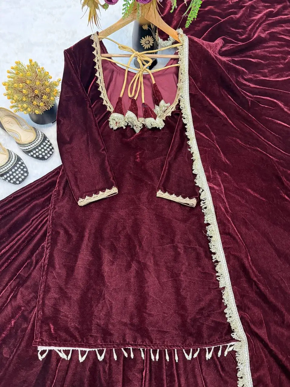 Velvet Embroidered Festive Lehenga Set