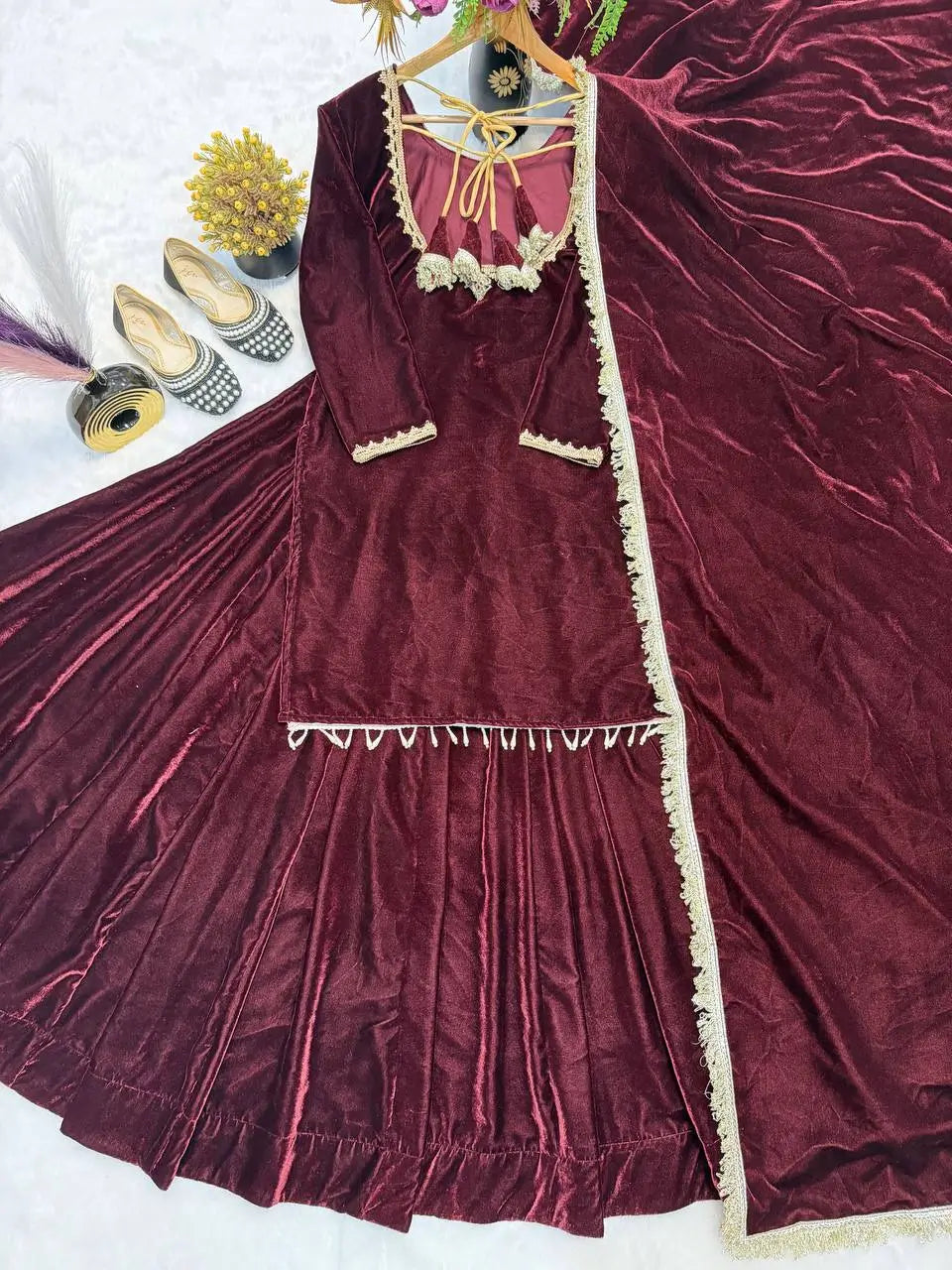 Velvet Embroidered Festive Lehenga Set