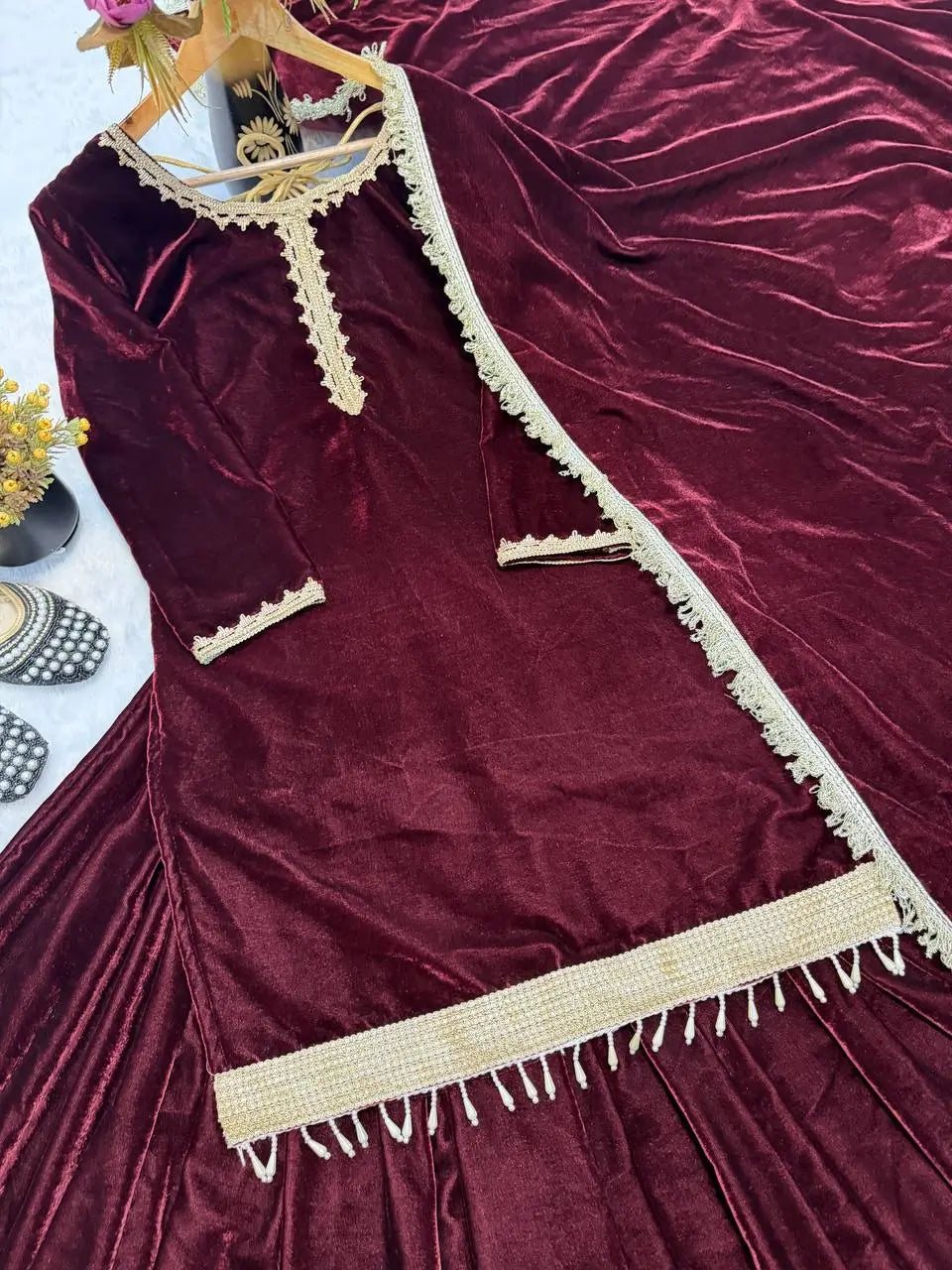 Velvet Embroidered Festive Lehenga Set