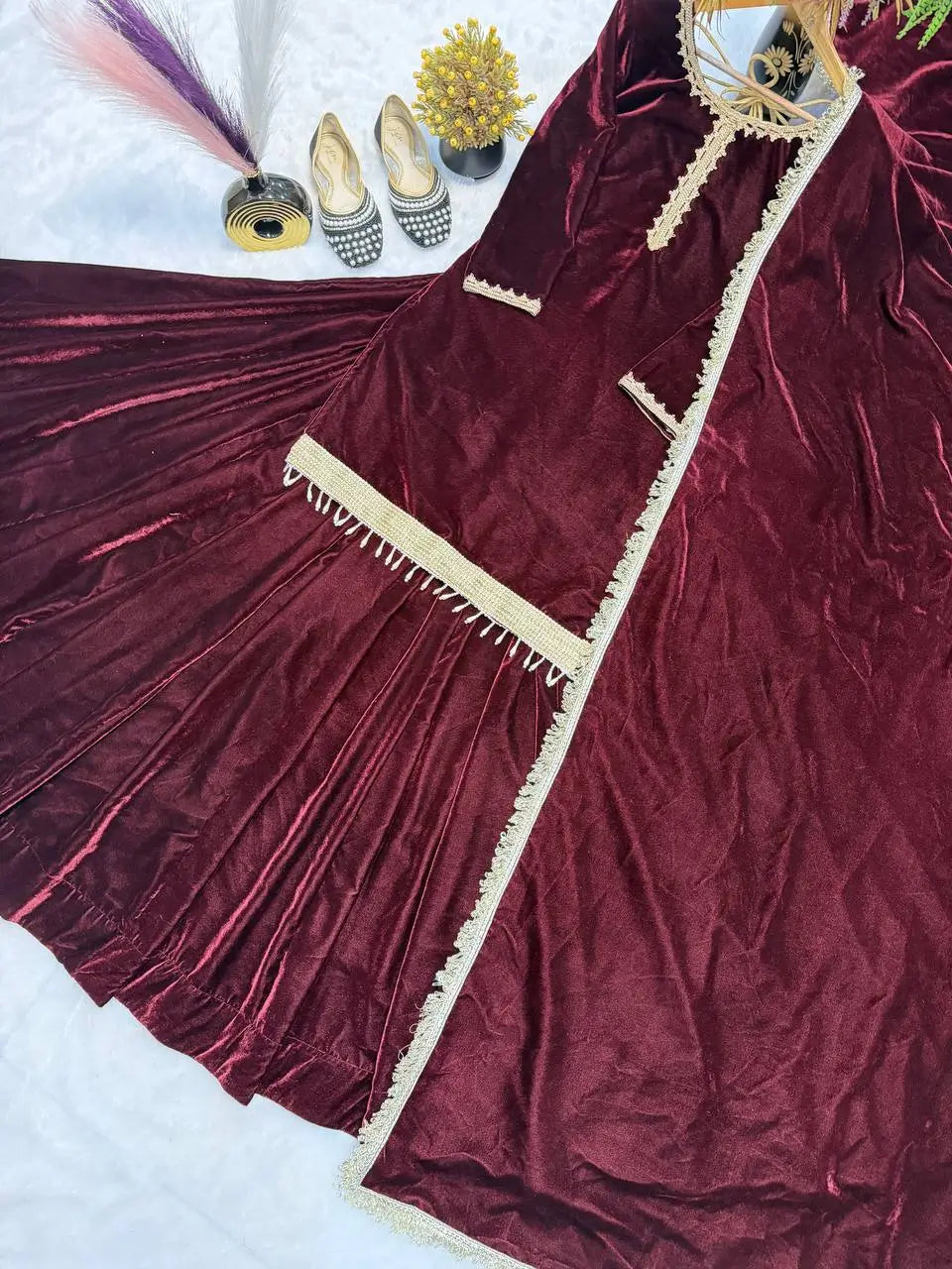 Velvet Embroidered Festive Lehenga Set