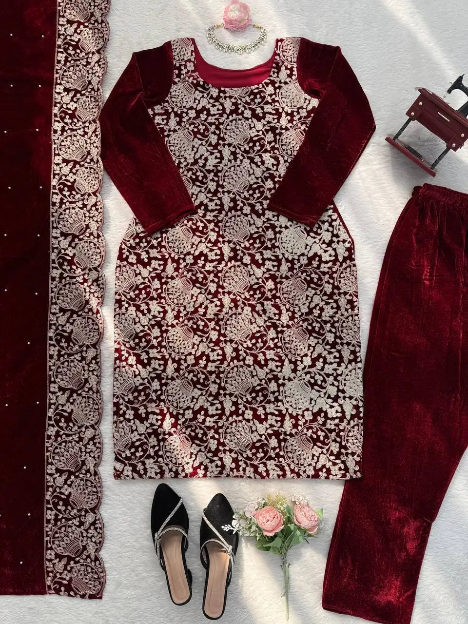 Velvet Embroidered Festive Suit Set