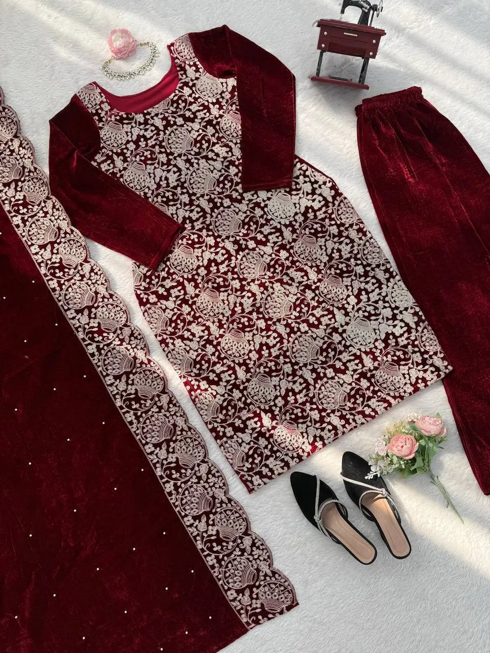 Velvet Embroidered Festive Suit Set