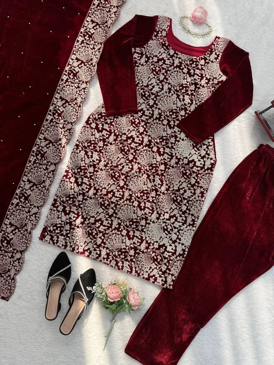 Velvet Embroidered Festive Suit Set