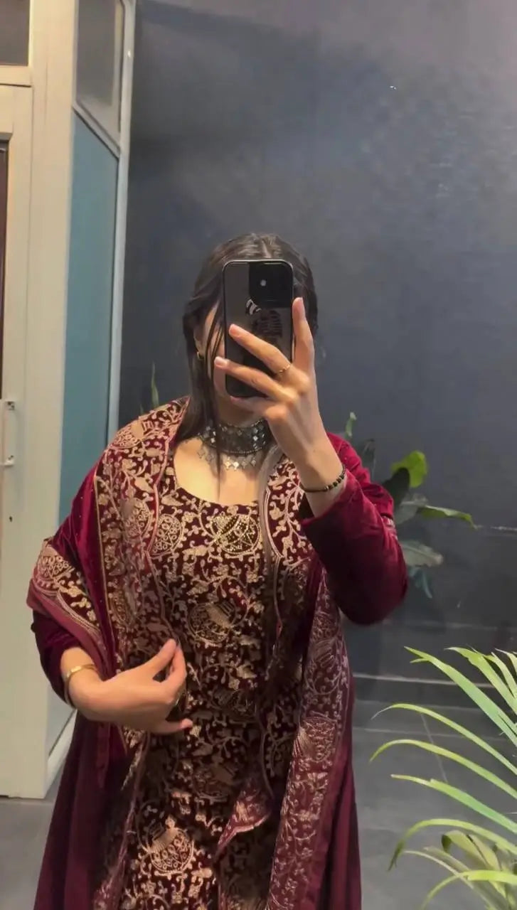 Velvet Embroidered Festive Suit Set