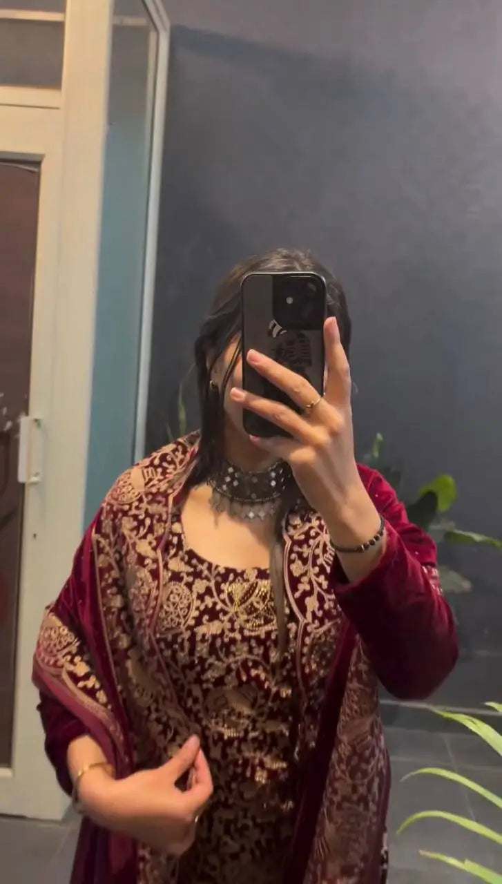 Velvet Embroidered Festive Suit Set