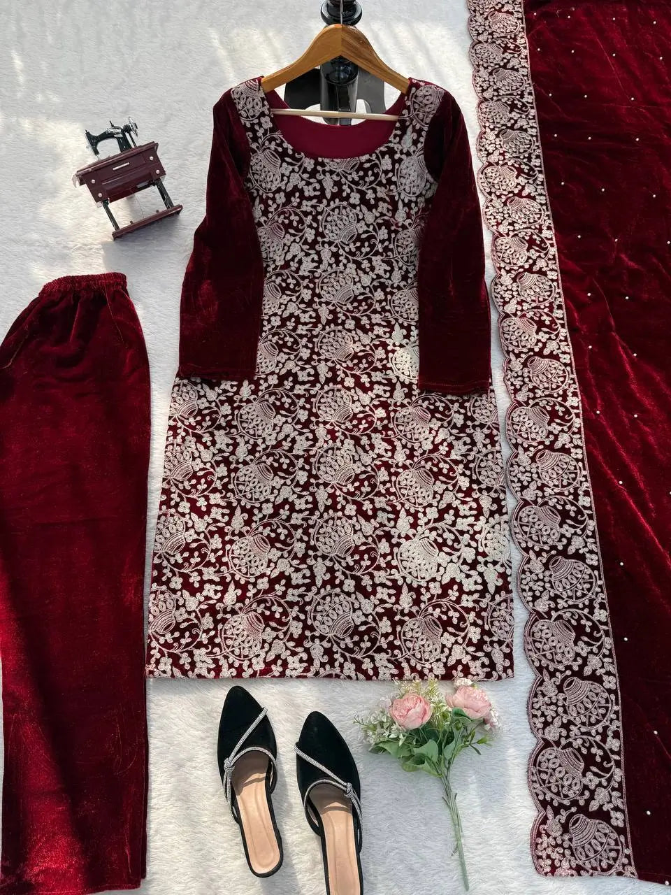 Velvet Embroidered Festive Suit Set