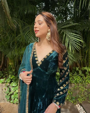 Velvet Embroidered Gown with Net Dupatta