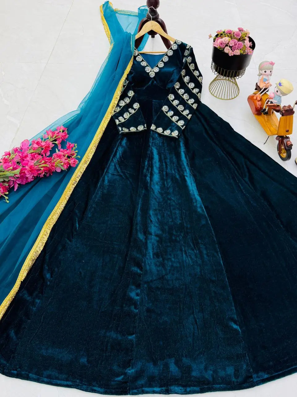 Velvet Embroidered Gown with Net Dupatta