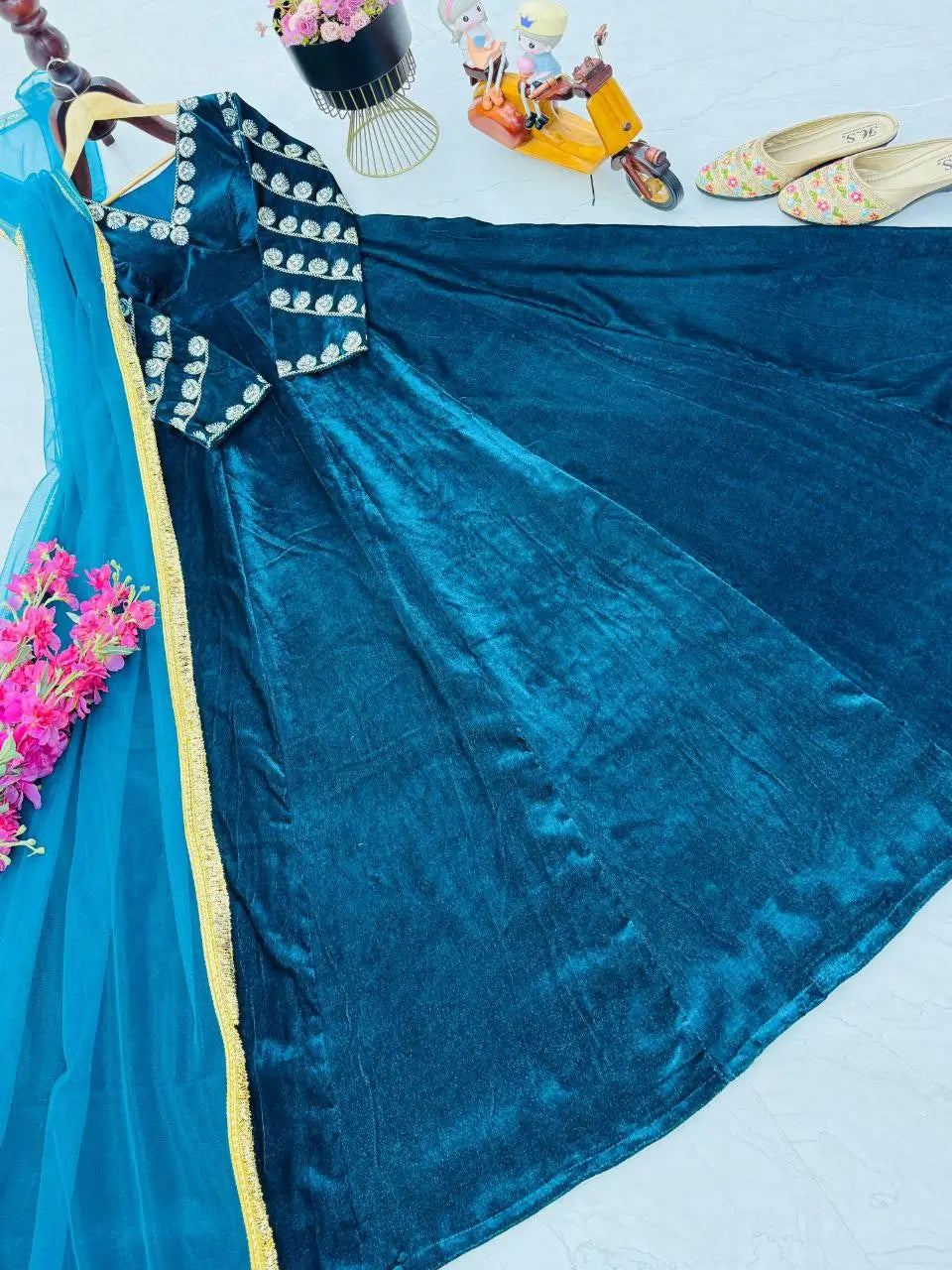 Velvet Embroidered Gown with Net Dupatta