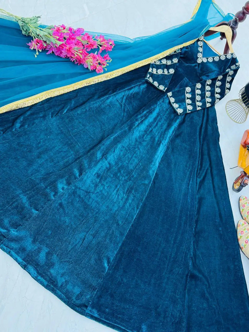 Velvet Embroidered Gown with Net Dupatta