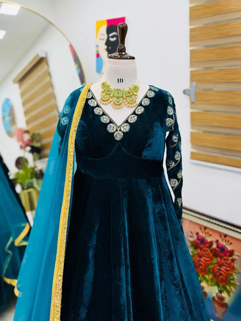 Velvet Embroidered Gown with Net Dupatta