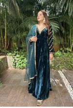 Velvet Embroidered Gown with Net Dupatta