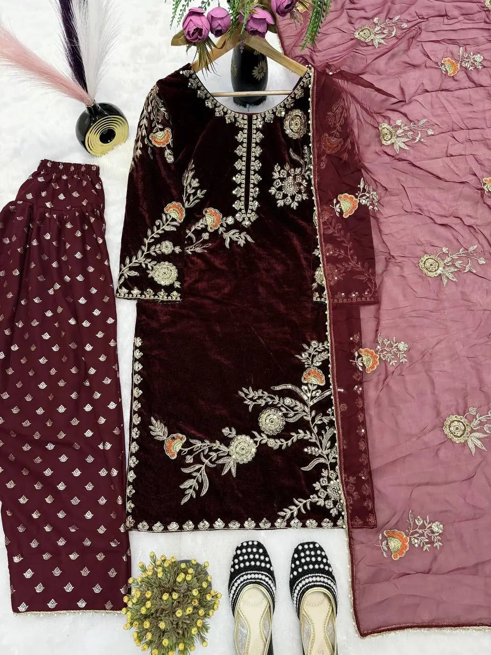 Velvet Embroidered Kurti with Farshi Salwar Set