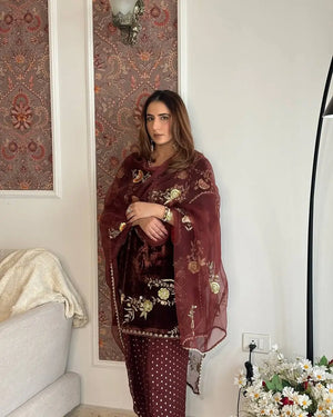 Velvet Embroidered Kurti with Farshi Salwar Set