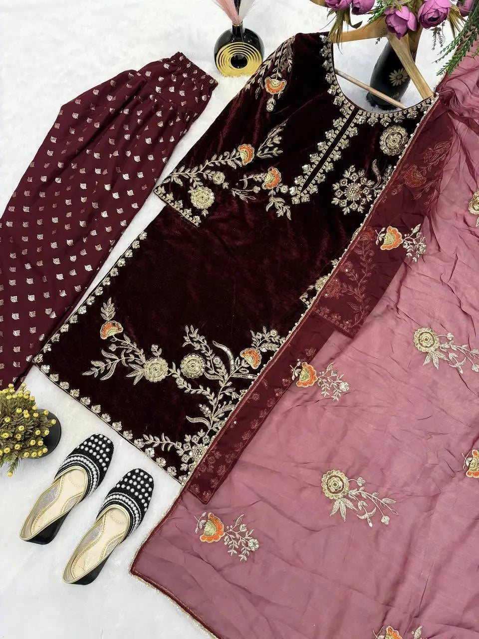 Velvet Embroidered Kurti with Farshi Salwar Set