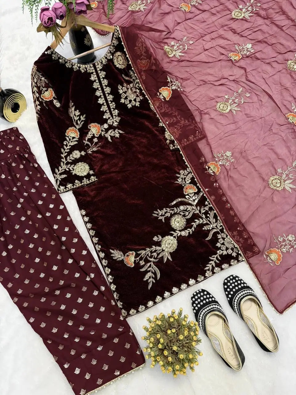 Velvet Embroidered Kurti with Farshi Salwar Set