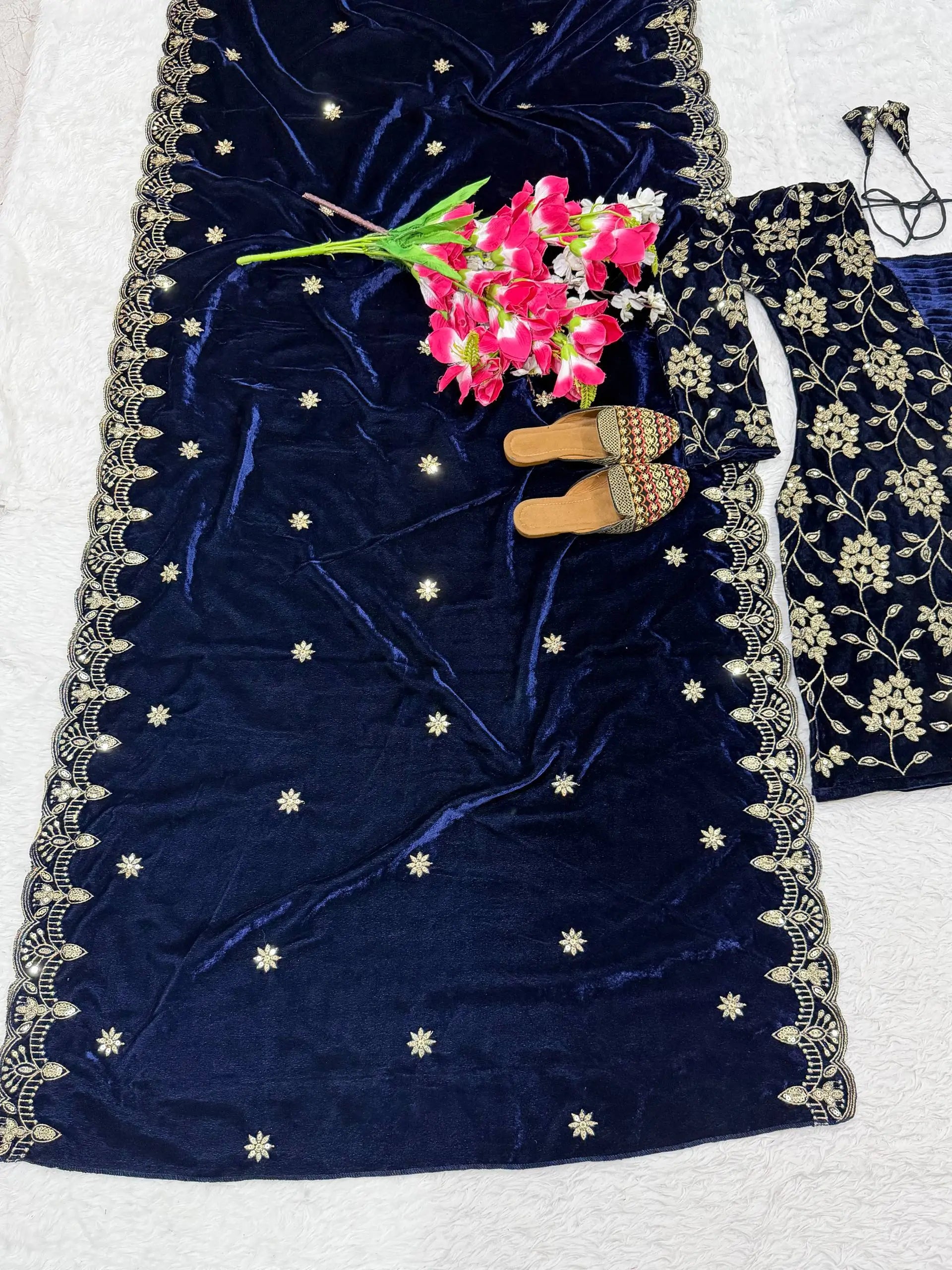 Velvet Embroidered Kurti with Farshi Salwar and Dupatta