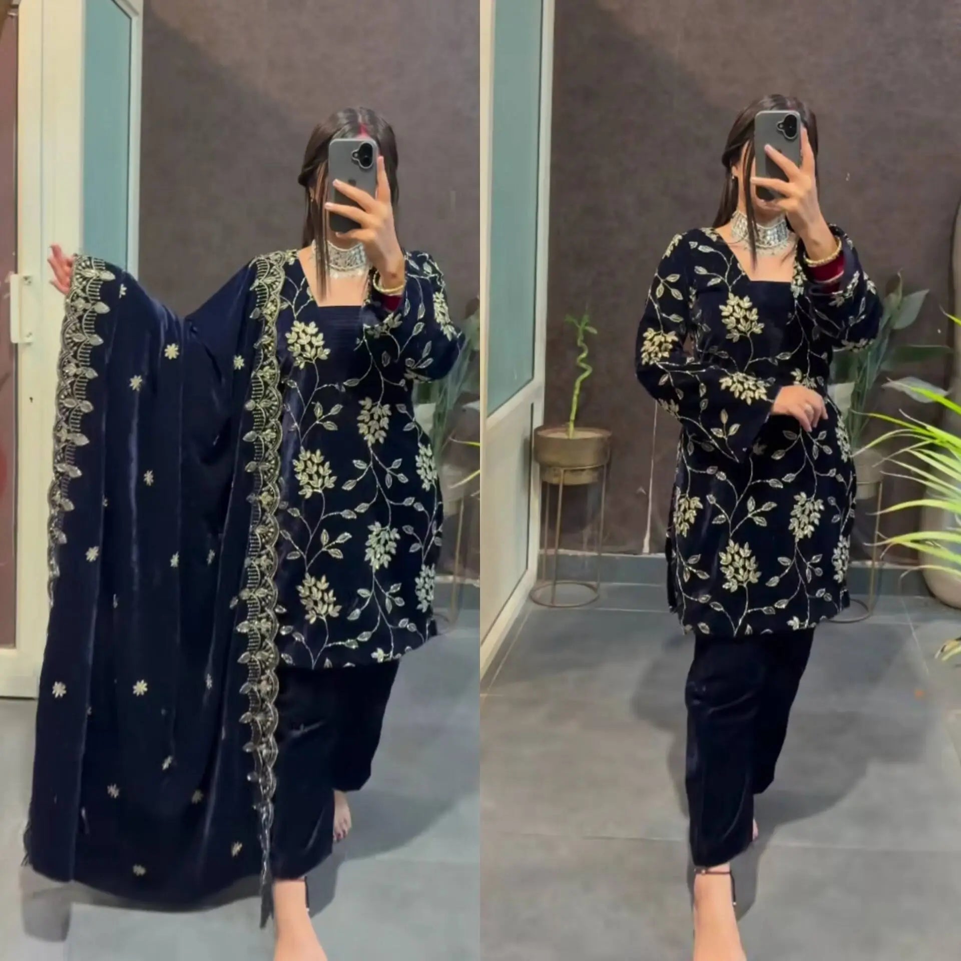 Velvet Embroidered Kurti with Farshi Salwar and Dupatta