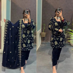 Velvet Embroidered Kurti with Farshi Salwar and Dupatta