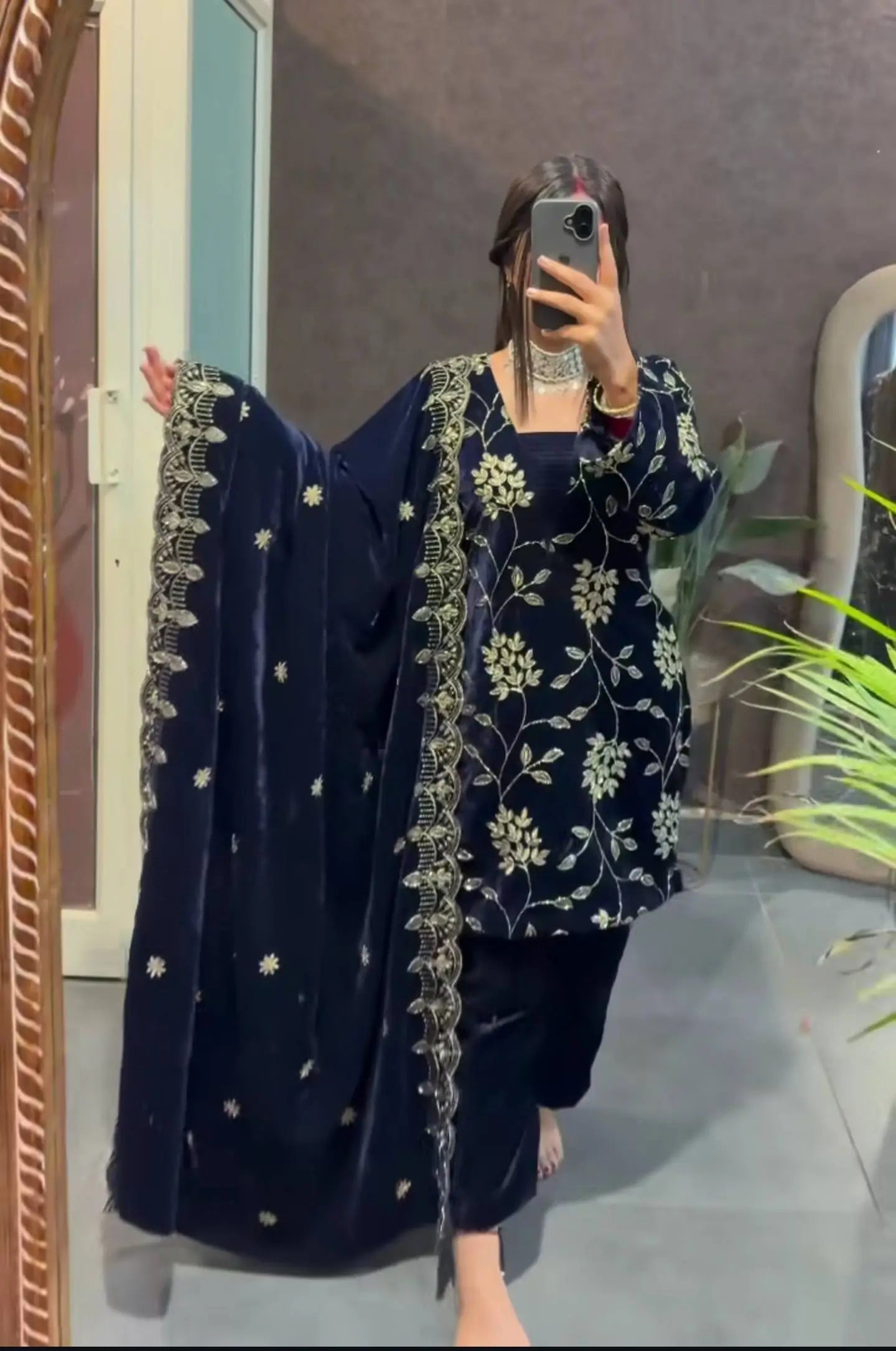 Velvet Embroidered Kurti with Farshi Salwar and Dupatta