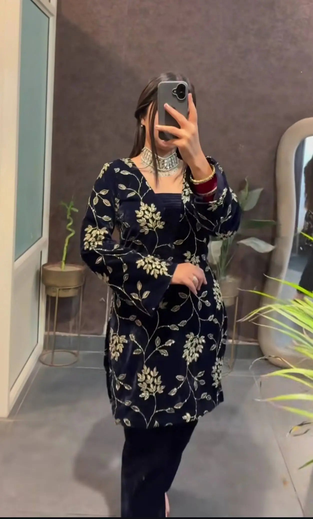 Velvet Embroidered Kurti with Farshi Salwar and Dupatta