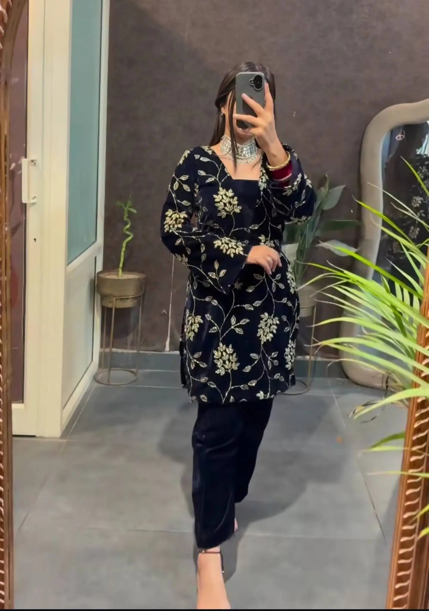 Velvet Embroidered Kurti with Farshi Salwar and Dupatta