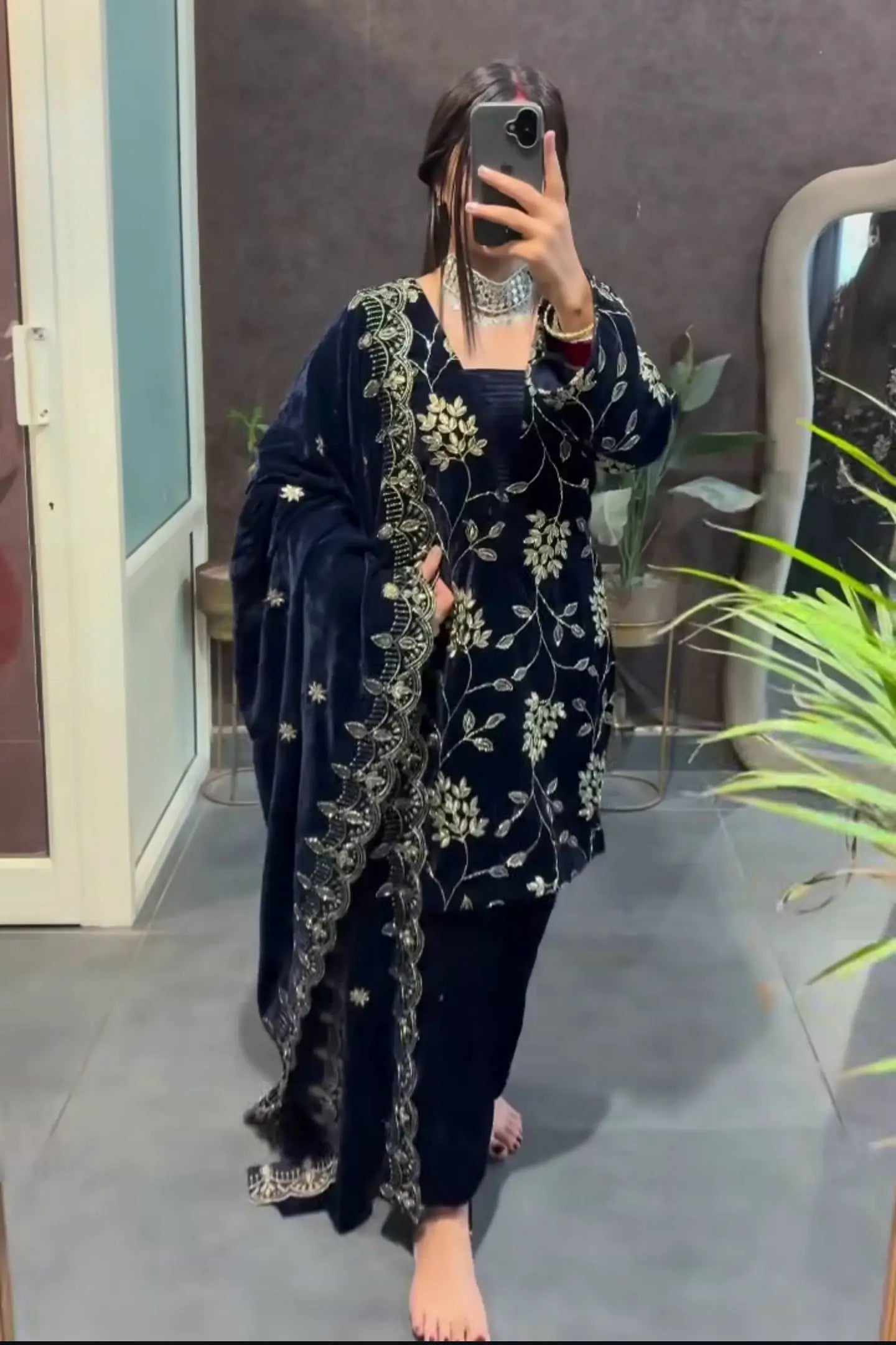 Velvet Embroidered Kurti with Farshi Salwar and Dupatta