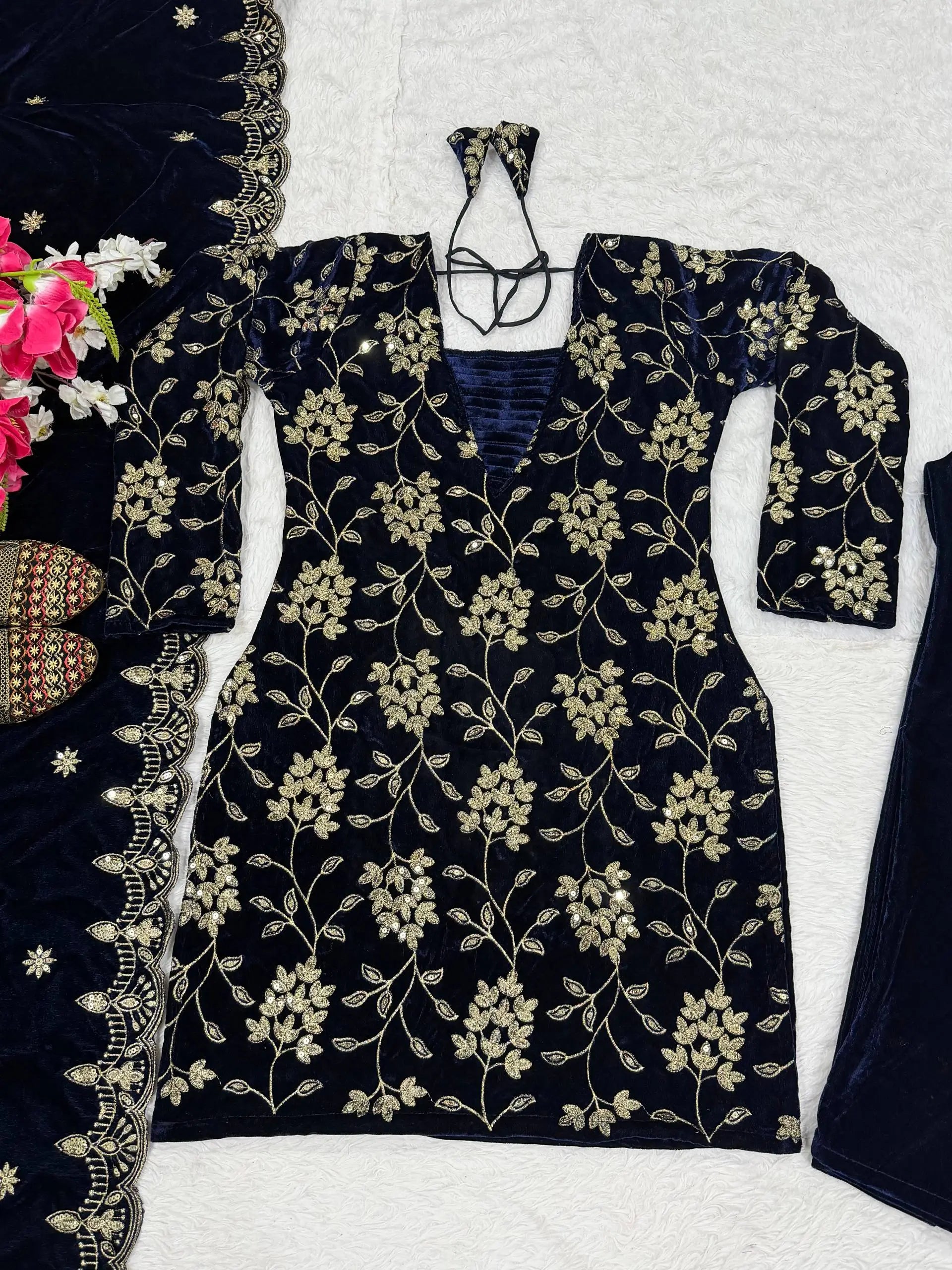 Velvet Embroidered Kurti with Farshi Salwar and Dupatta
