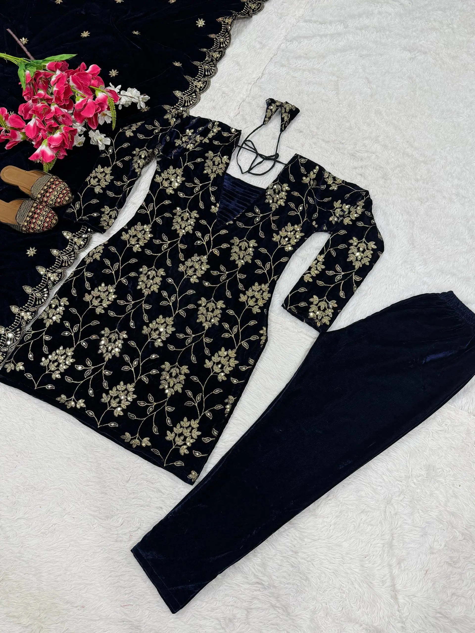 Velvet Embroidered Kurti with Farshi Salwar and Dupatta