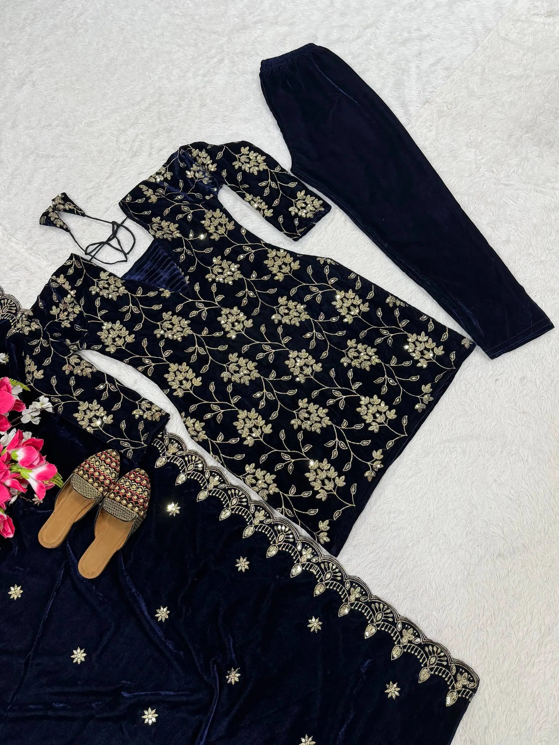 Velvet Embroidered Kurti with Farshi Salwar and Dupatta