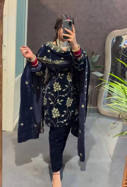 Velvet Embroidered Kurti with Farshi Salwar and Dupatta