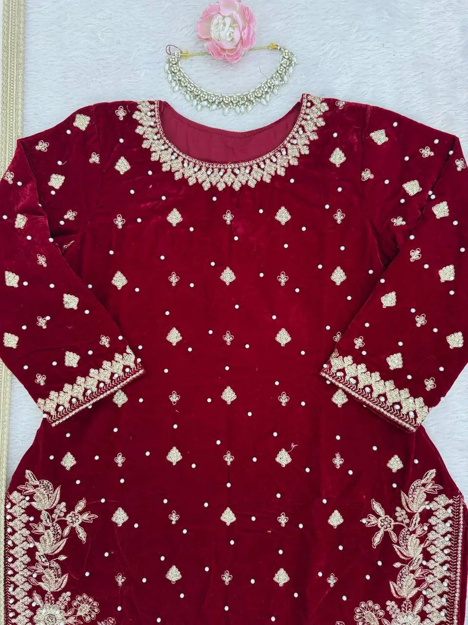 Velvet Embroidered Palazzo Suit Set