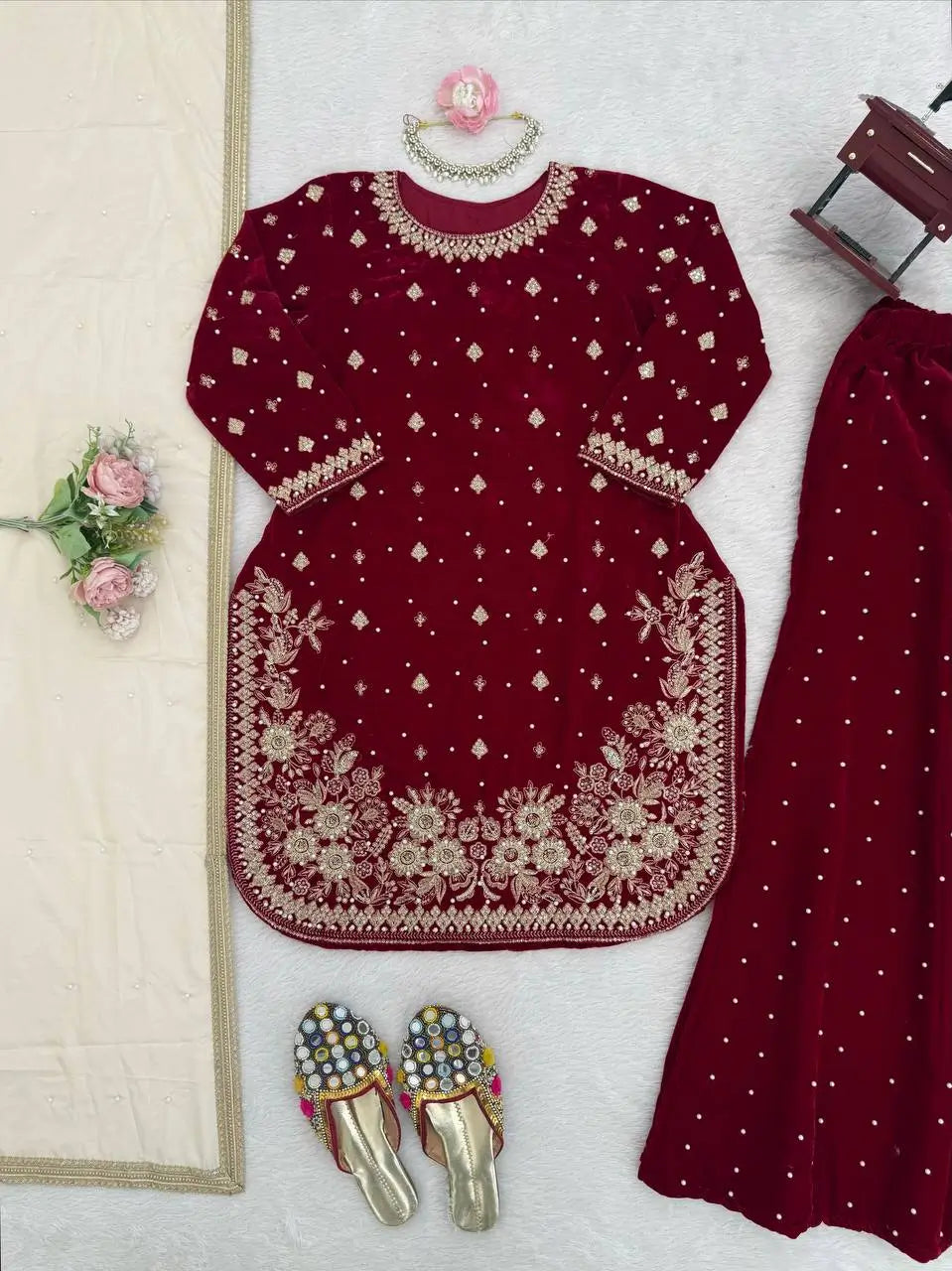 Velvet Embroidered Palazzo Suit Set