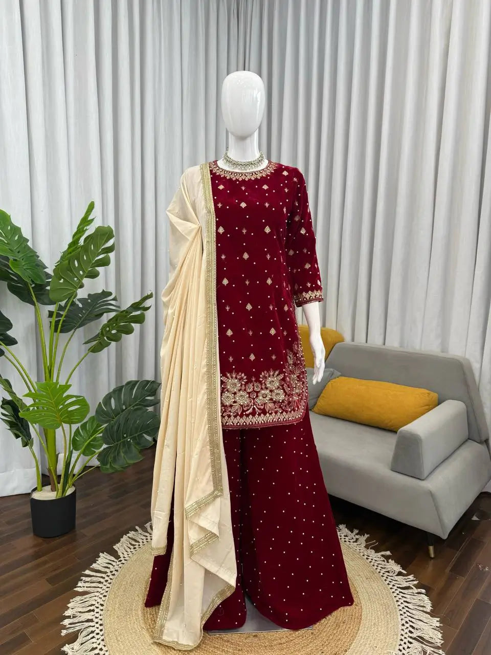 Velvet Embroidered Palazzo Suit Set