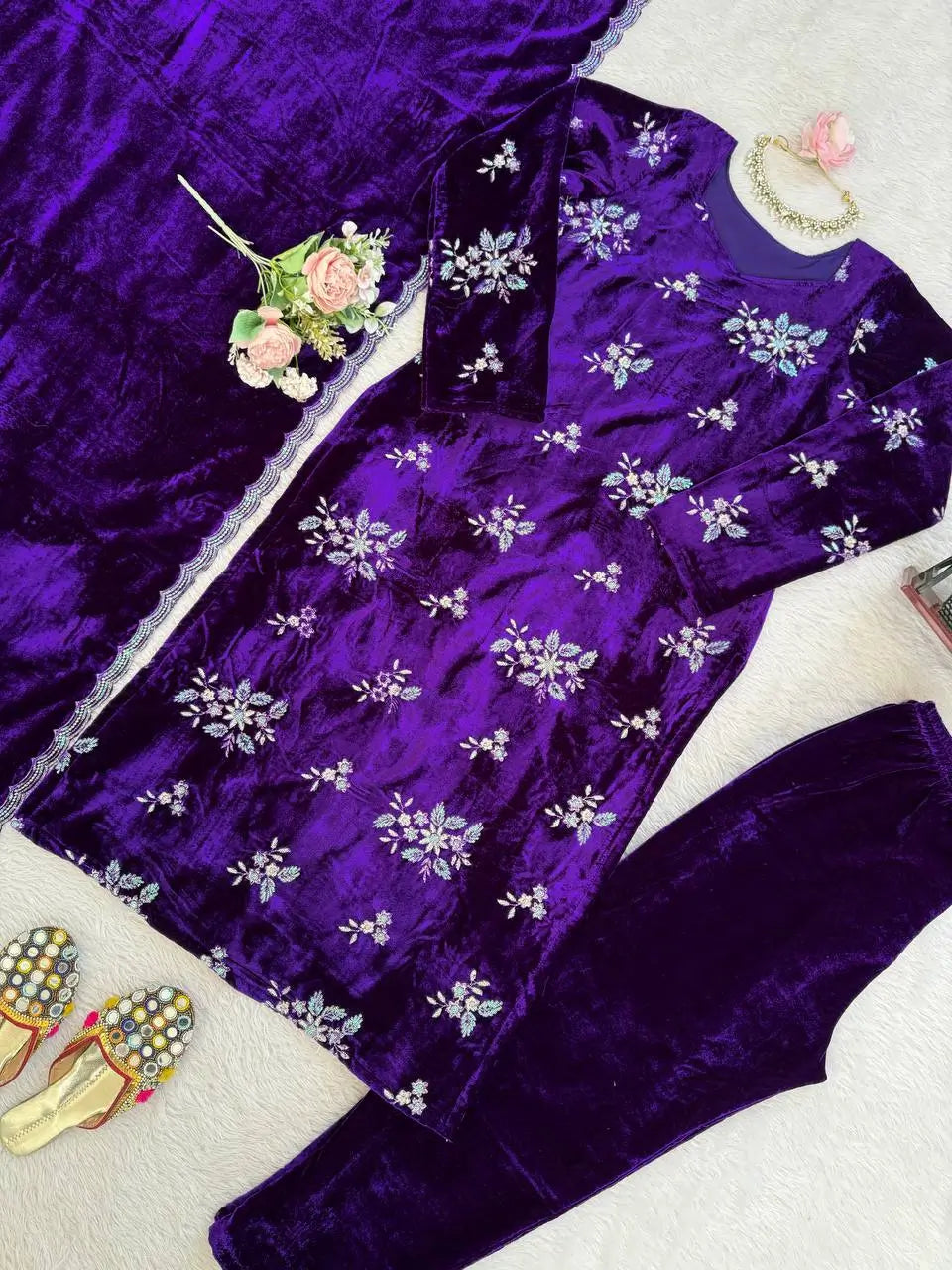 Velvet Embroidered Palazzo Suit Set