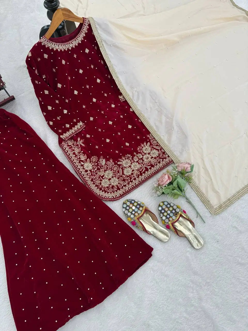 Velvet Embroidered Palazzo Suit Set