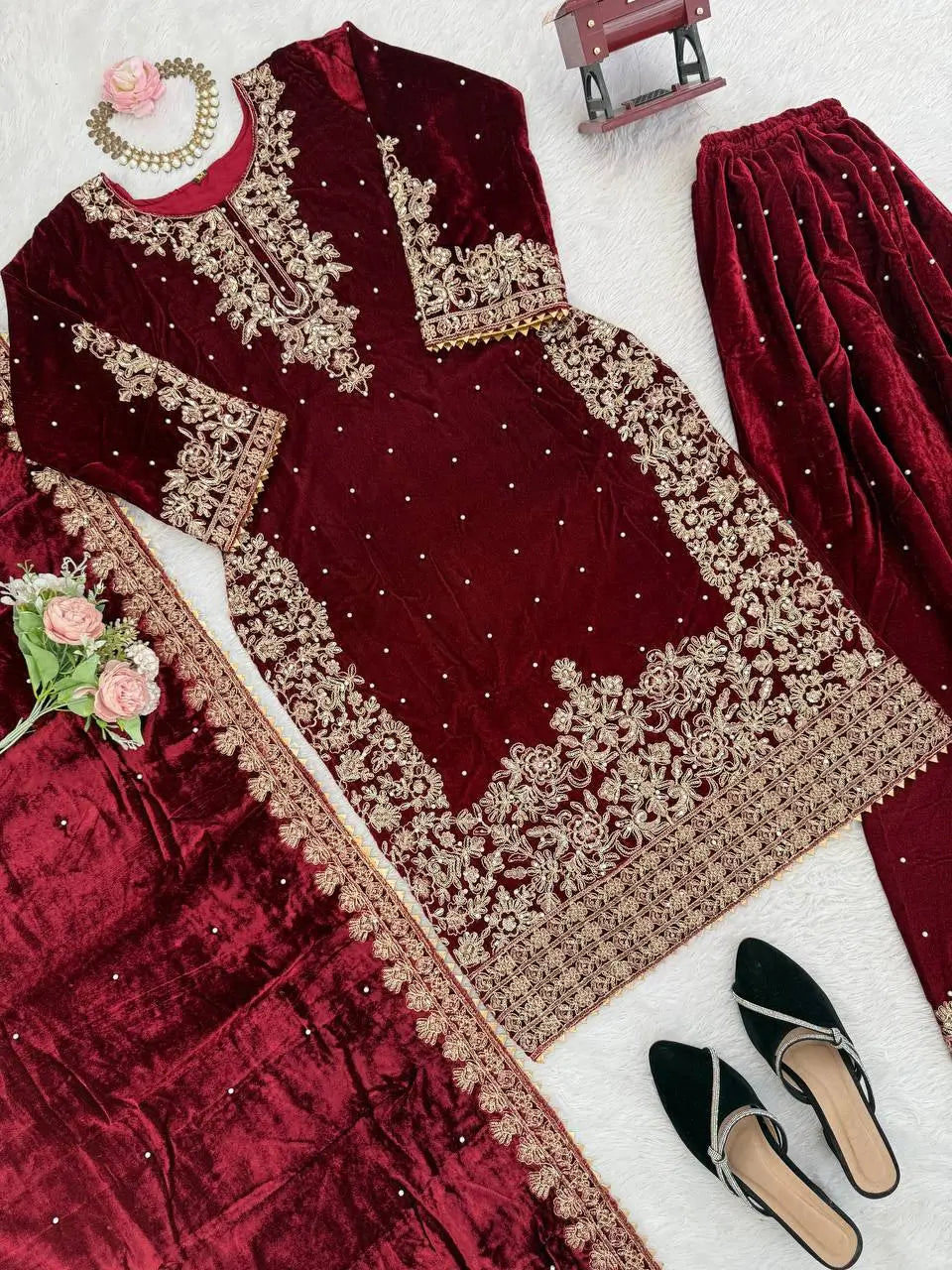 Velvet Embroidered Plazo Suit Set