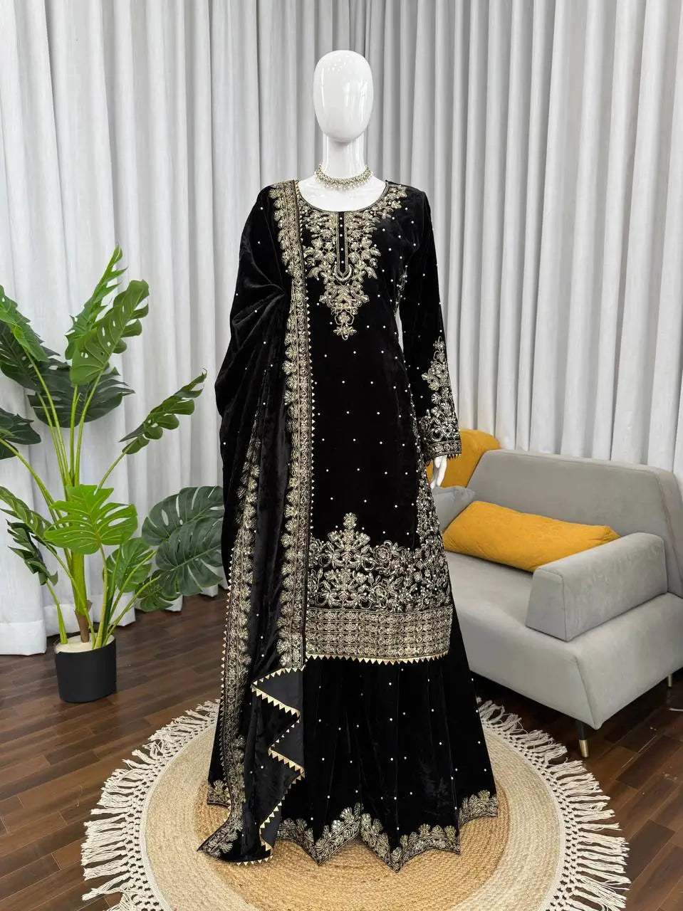 Velvet Embroidered Plazo Suit Set