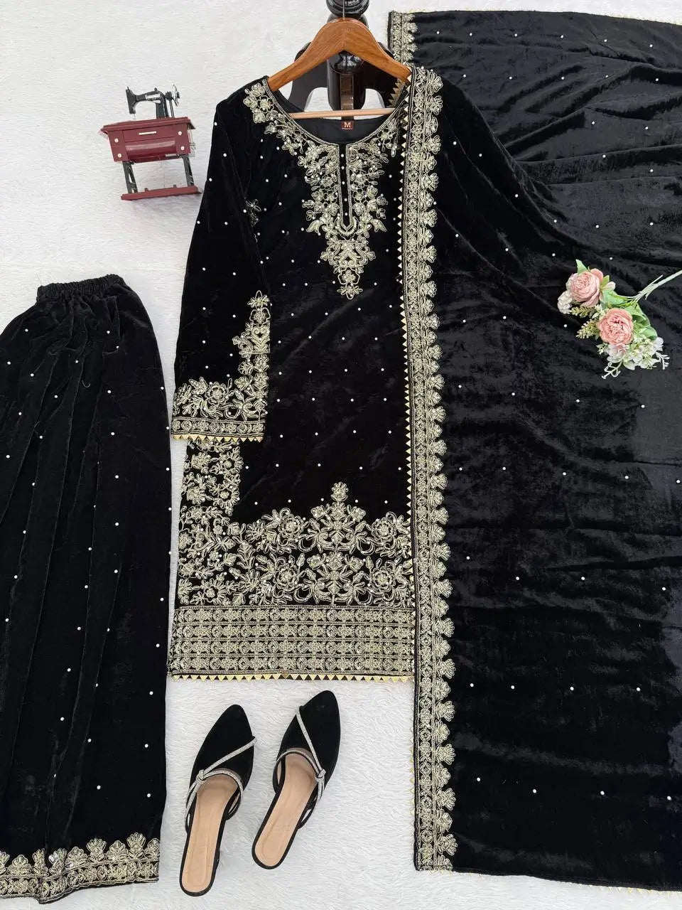 Velvet Embroidered Plazo Suit Set