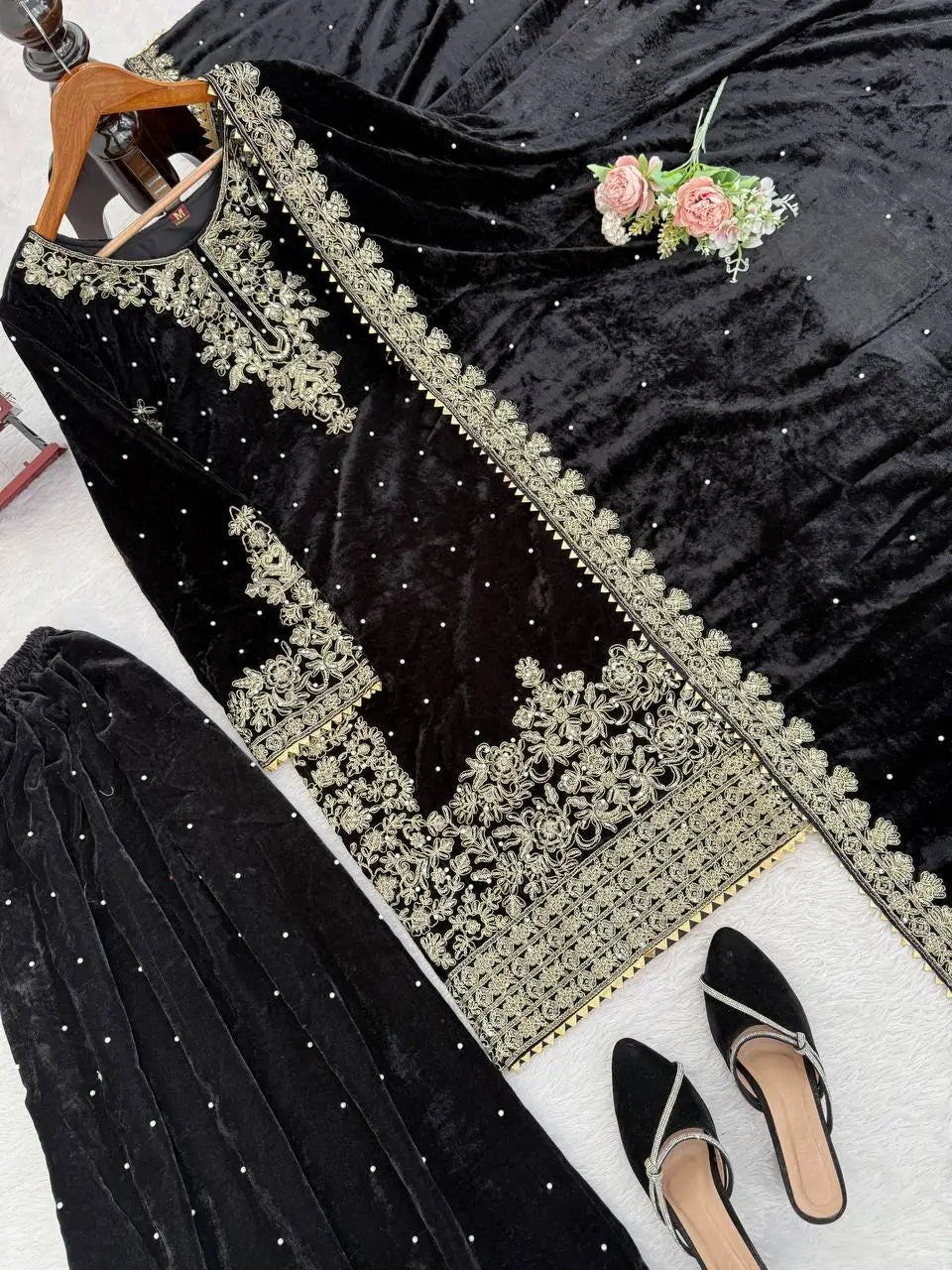 Velvet Embroidered Plazo Suit Set