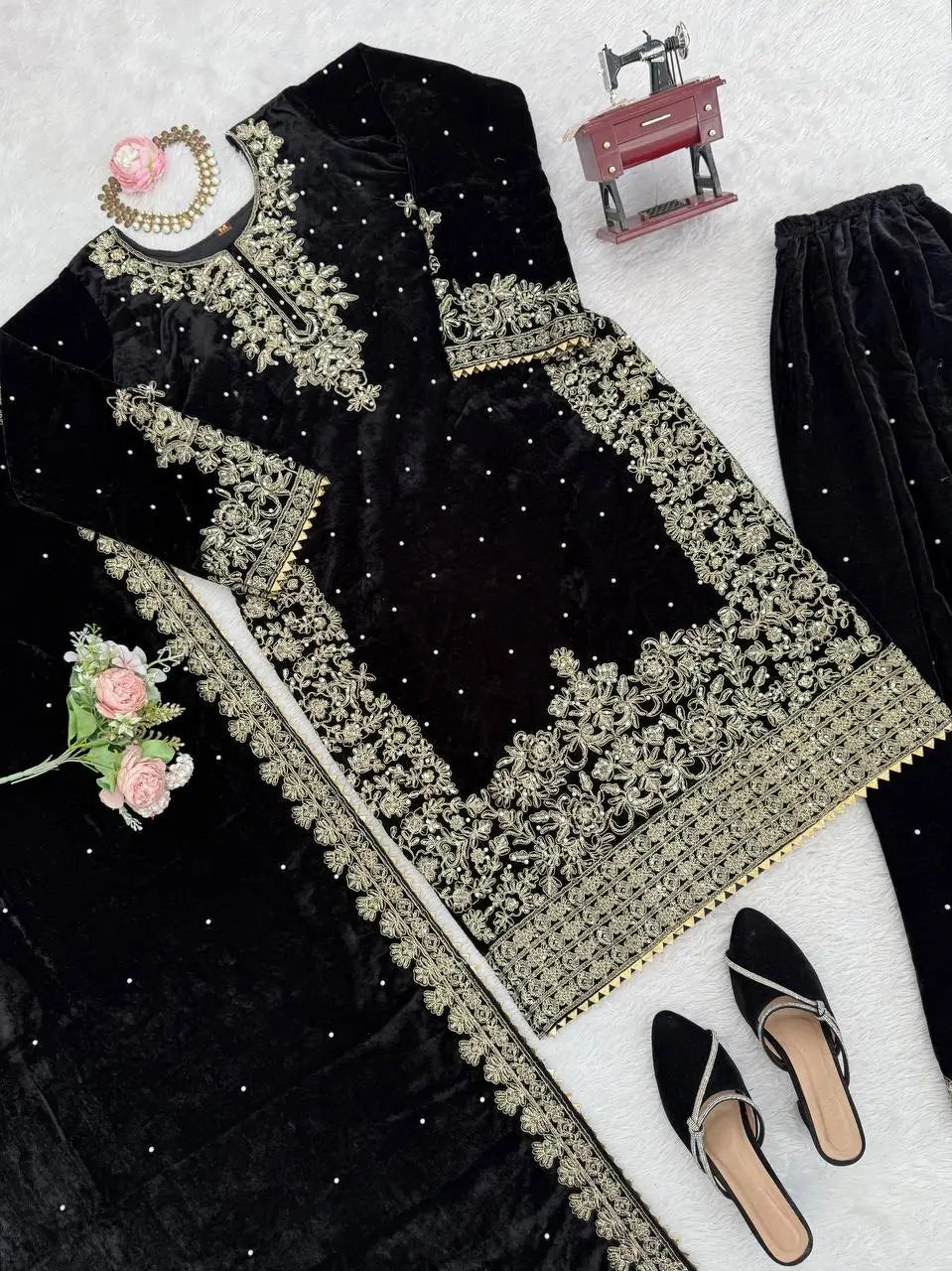 Velvet Embroidered Plazo Suit Set