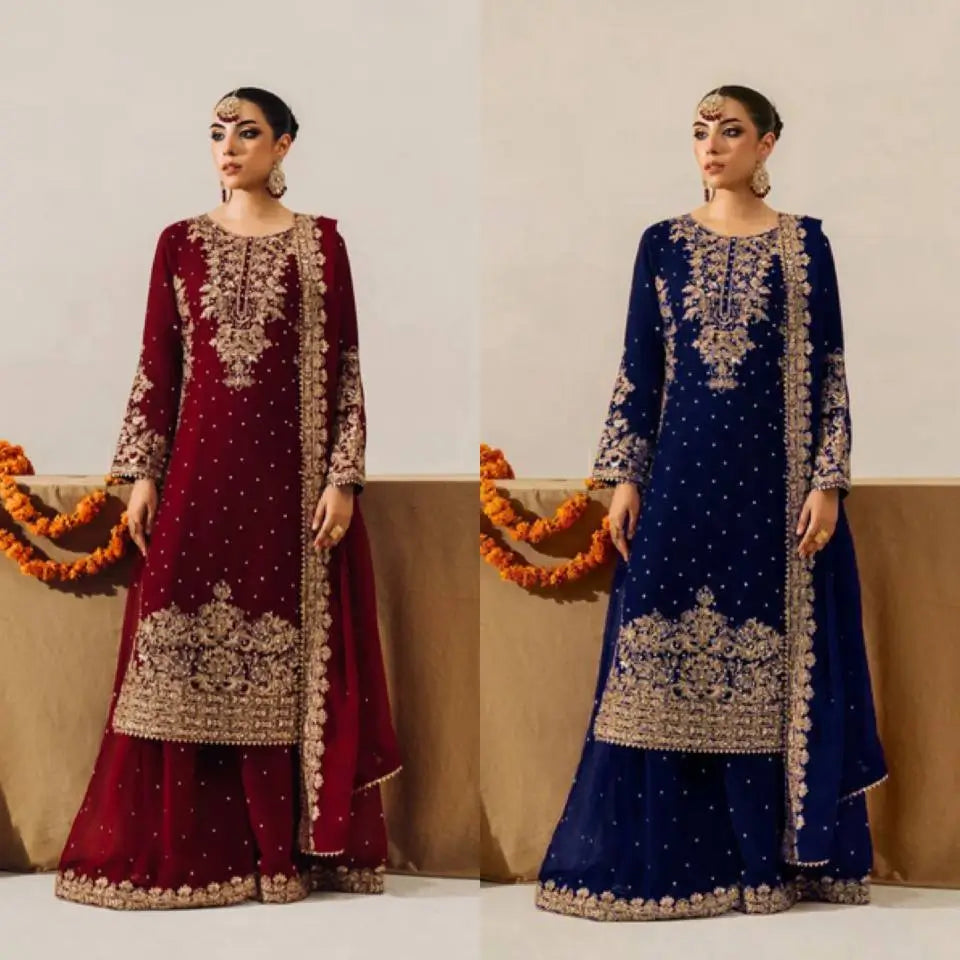 Velvet Embroidered Plazo Suit Set