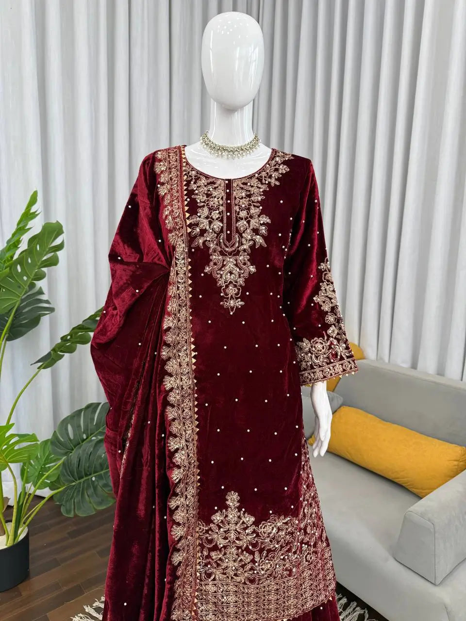 Velvet Embroidered Plazo Suit Set