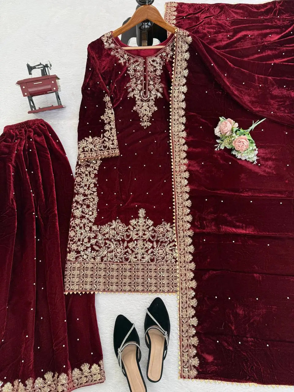 Velvet Embroidered Plazo Suit Set