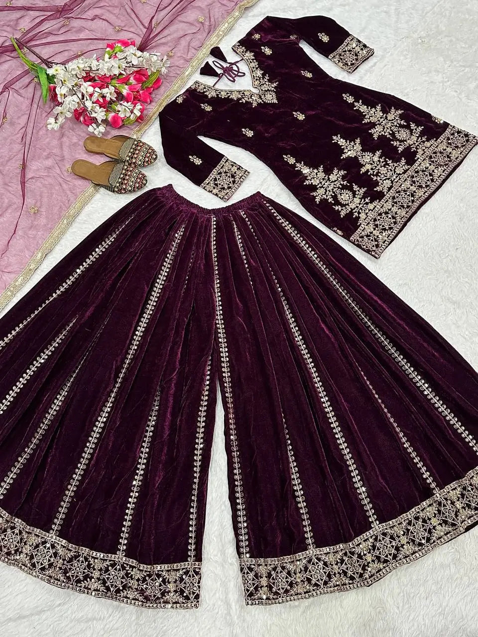 Velvet Embroidered Sharara Suit Set