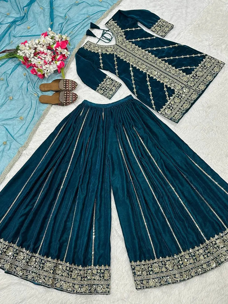 Velvet Embroidered Sharara Suit Set